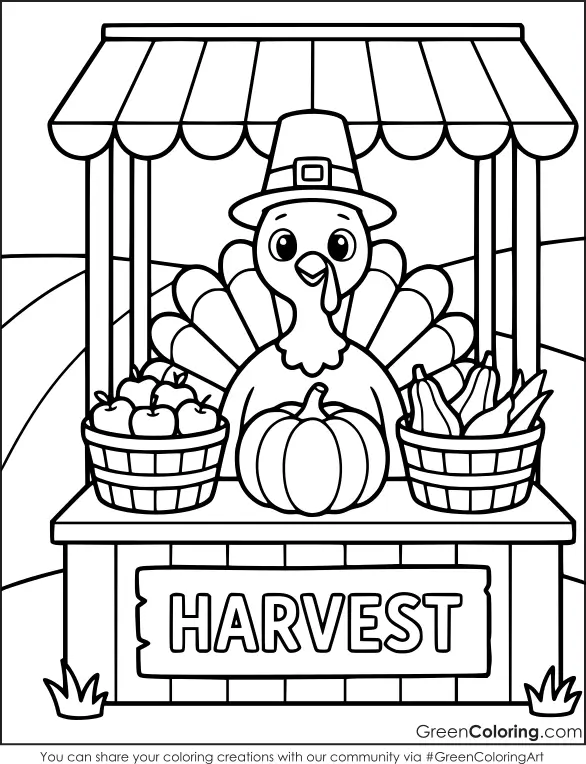 Turkey behind a striped awning harvest stand with a pumpkin, a basket of apples and a basket of squash and corn.