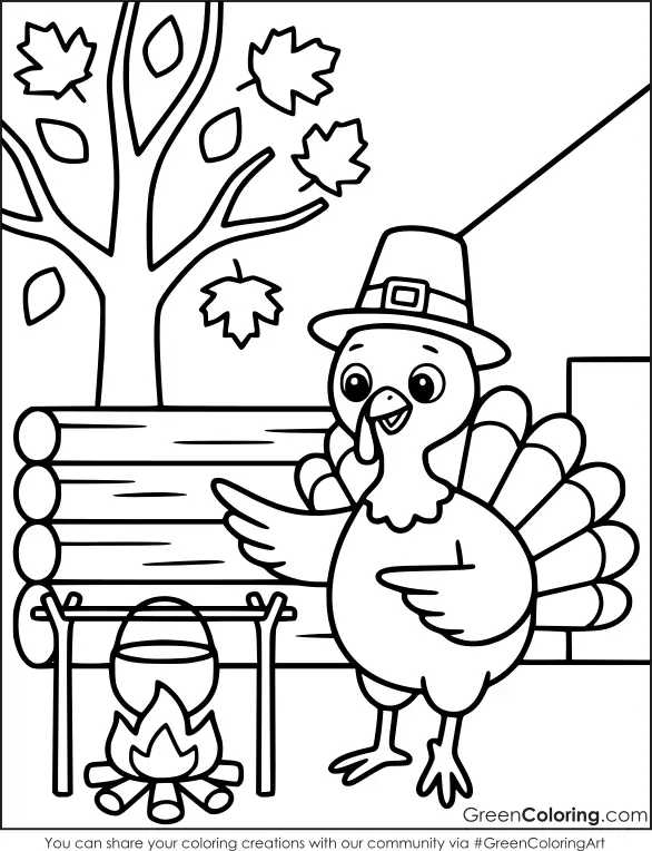Turkey standing beside a campfire with a hanging cooking pot, a log wall and an autumn tree with falling leaves.