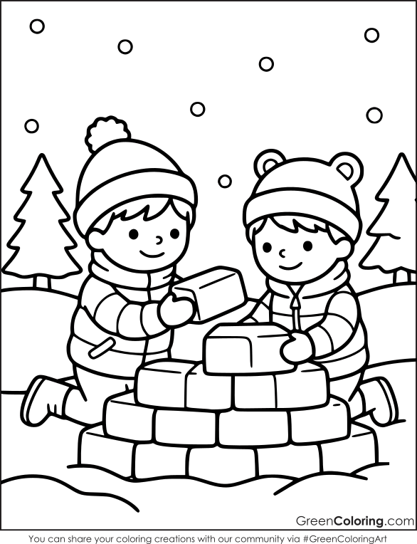 Two children in knit hats stacking snow blocks into a round fort wall among pine trees, a winter play coloring page.