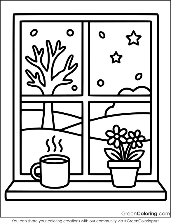 Window sill with a steaming mug and potted flowers, facing a bare tree and snowy hills, a simple winter coloring page.