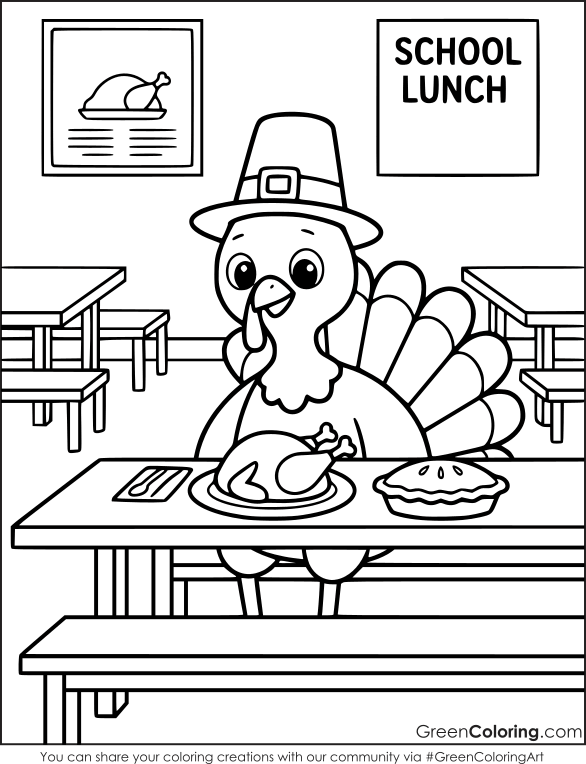 Turkey sitting at a cafeteria table with a roast dinner and a pie under a School Lunch sign, coloring sheet.